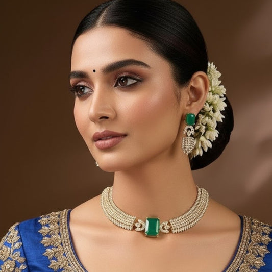 Gold-Plated Green Stone & CZ Diamond Look Choker Necklace Set with Earrings for Women