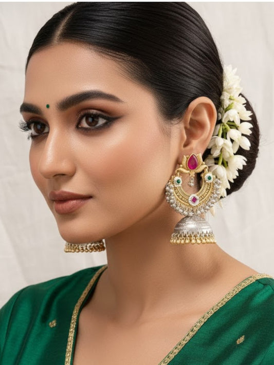 Traditional Dual-Tone Temple Jhumka Earrings with Pearl Detailing
