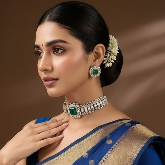 Green Stone Studded Kundan Choker Necklace Set with Matching Earrings for Women