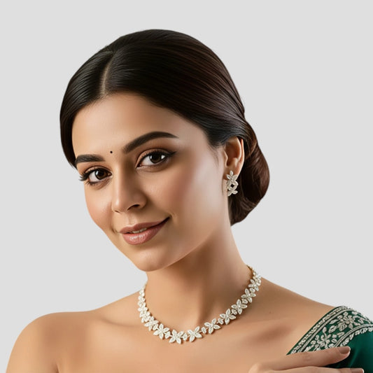 Elegant Floral Diamond Look Choker Necklace Set with Earrings