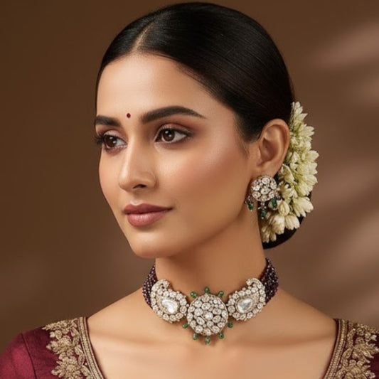 Gold-Plated Kundan Choker Necklace Set with Green Bead Detailing & Earrings for Women