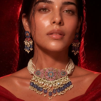 "Kundan pearl choker necklace set with blue tassels and matching earrings