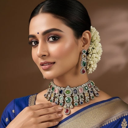 Multicolor Kundan Polki Choker Necklace Set with Matching Earrings for Women