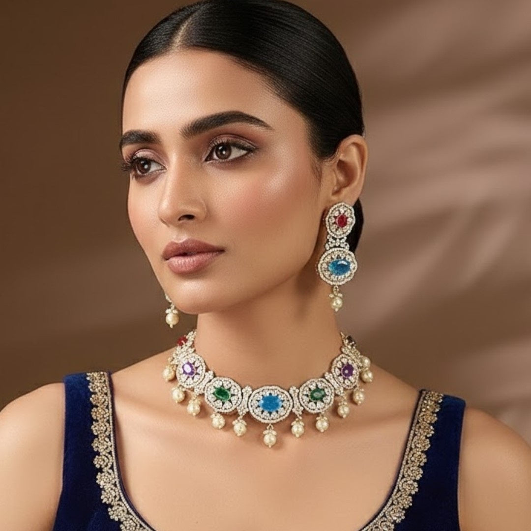 Traditional Gold-Tone Pearl Drop Multicolor Choker Necklace Set with Earrings for Women