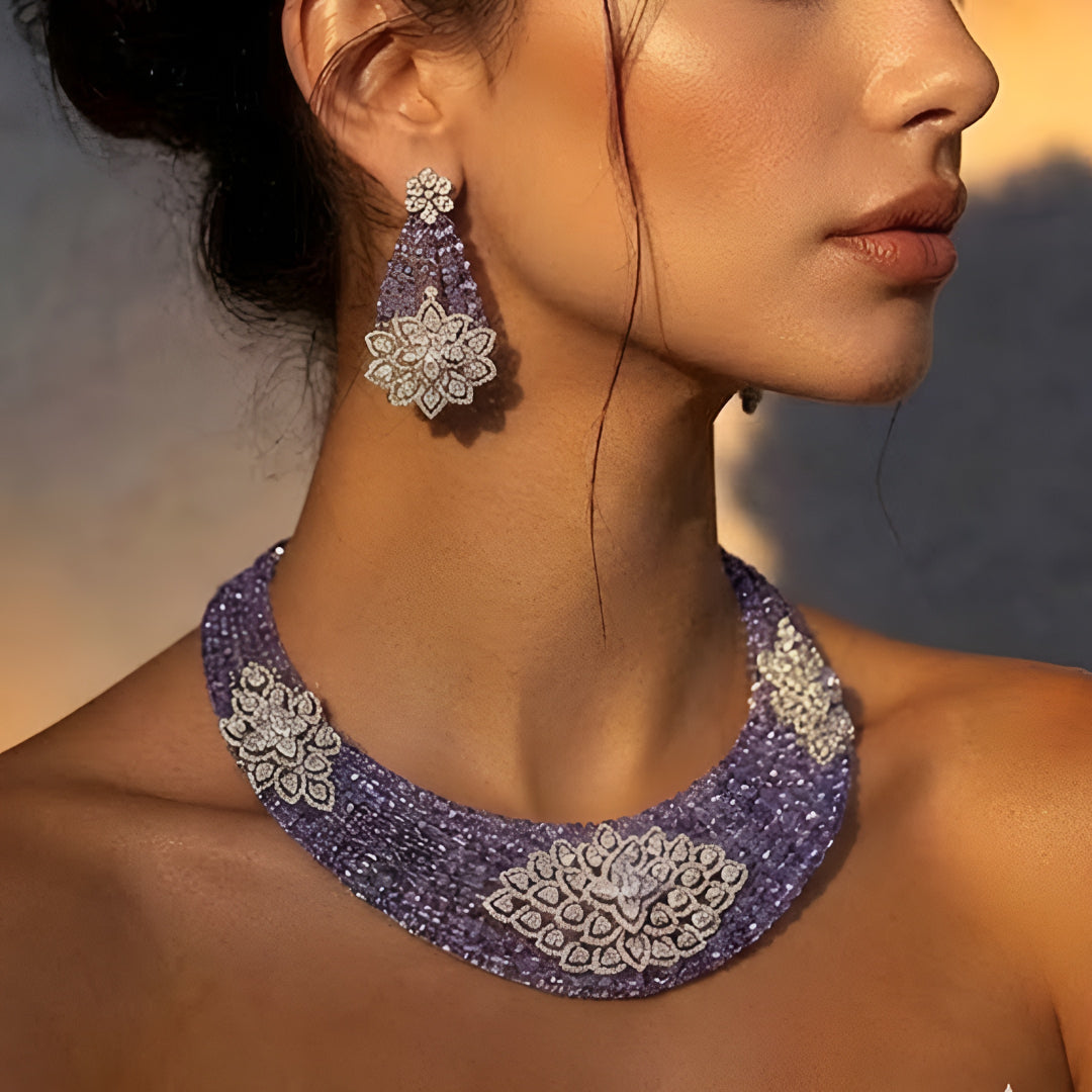 Luxury lavender crystal statement choker necklace set with floral zircon detailing and matching earrings for women.