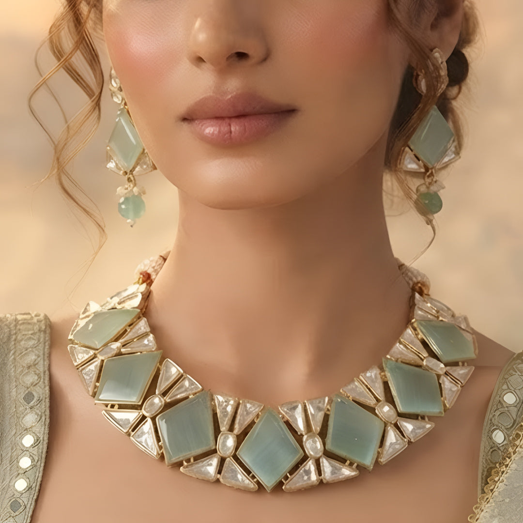 Mint green geometric necklace set with matching earrings and gold plating by Auraa Trends