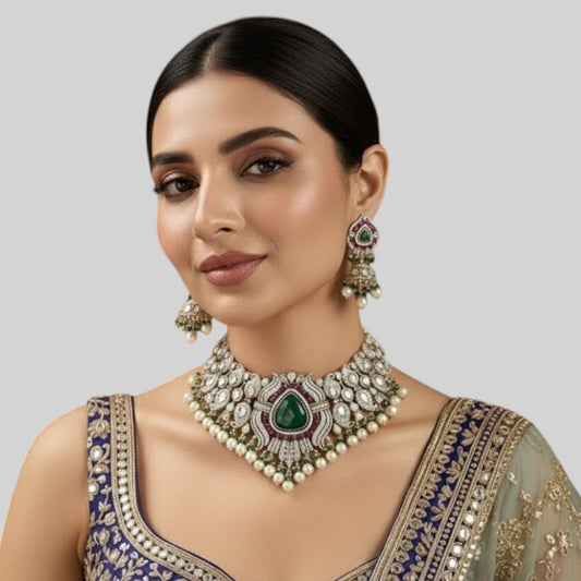 “Bridal Kundan choker necklace set with green center stone, ruby accents, pearls, and matching earrings”