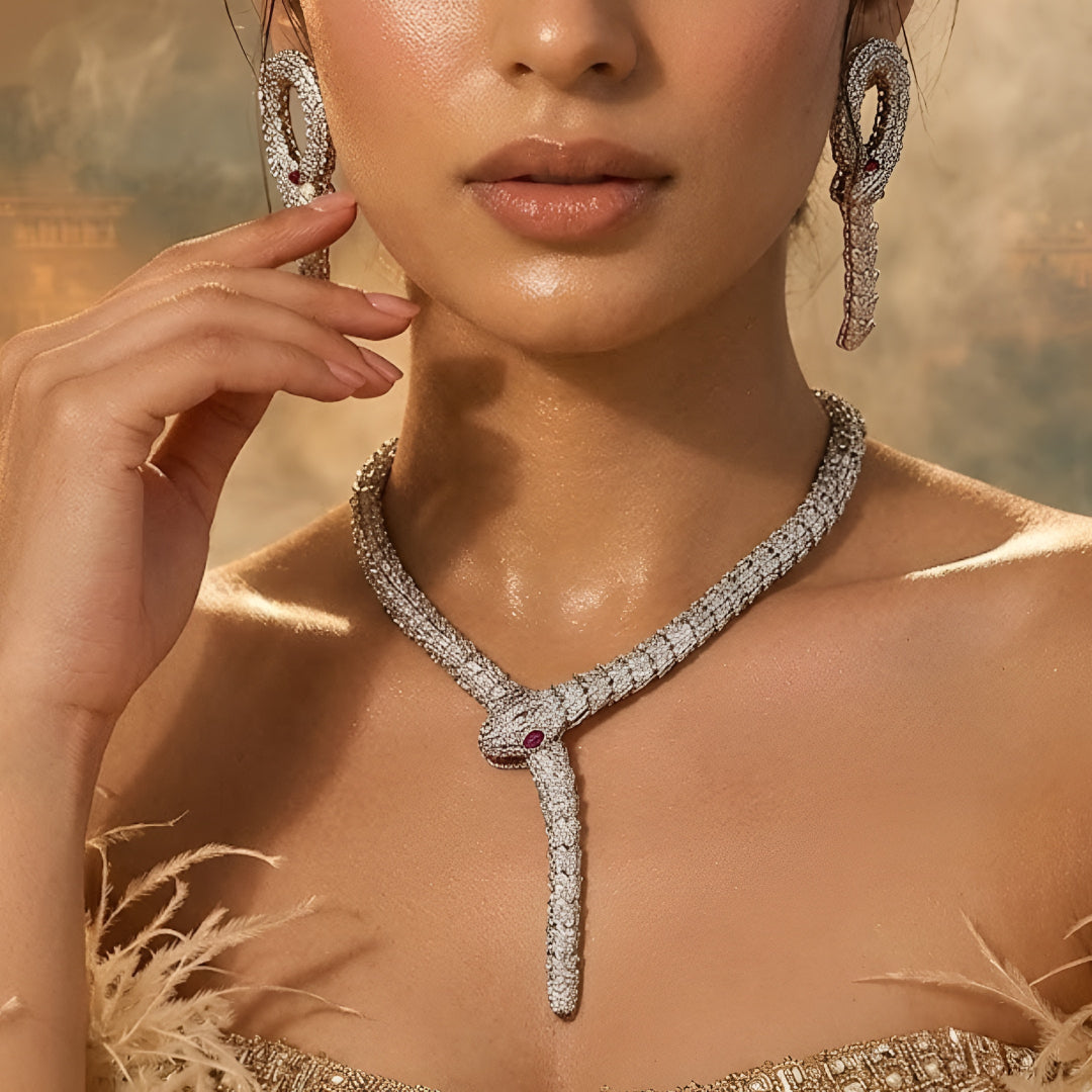 Luxury Serpent Diamond Necklace Set with Ruby Eyes | Designer Statement Jewelry
