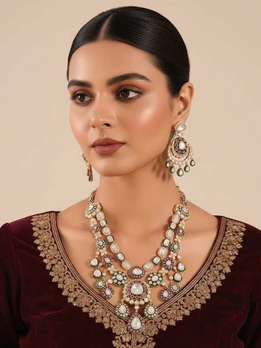 Gold Finish Kundan Stone Layered Necklace Set
