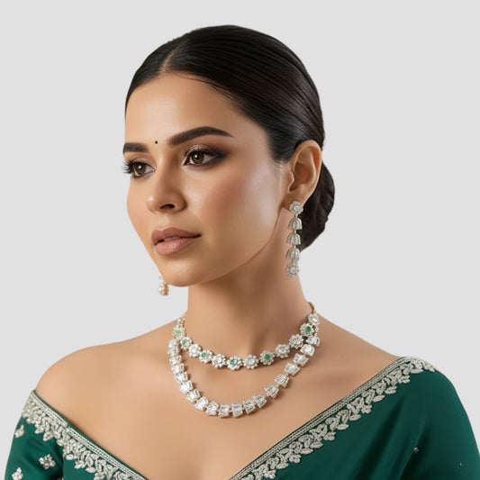Elegant Gold-Plated Green & White American Diamond Necklace Set with Earrings for Women
