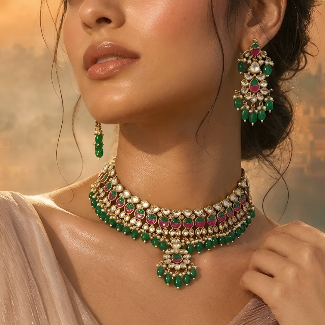 Traditional Kundan choker necklace set with pink stone detailing, green bead drops, and matching earrings in gold-plated finish for bridal wear.
