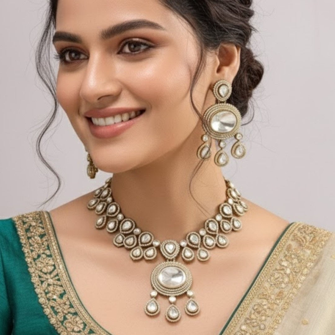 Gold-Toned Kundan Polki Bridal Necklace Set with Matching Earrings