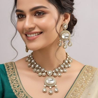 Gold-Toned Kundan Polki Bridal Necklace Set with Matching Earrings