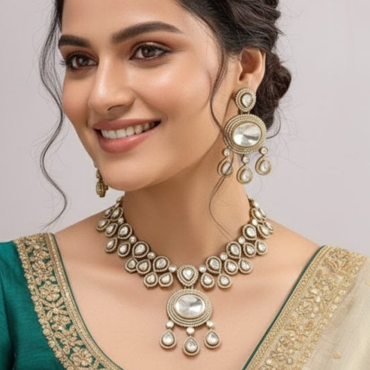 Gold-Toned Kundan Polki Bridal Necklace Set with Matching Earrings