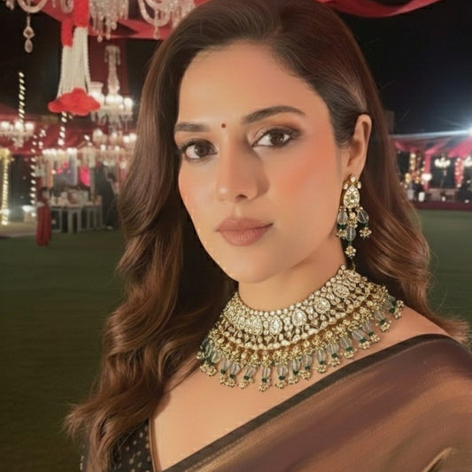 "Kundan Gold-Plated Bridal Choker Necklace Set with Green Beads and Earrings