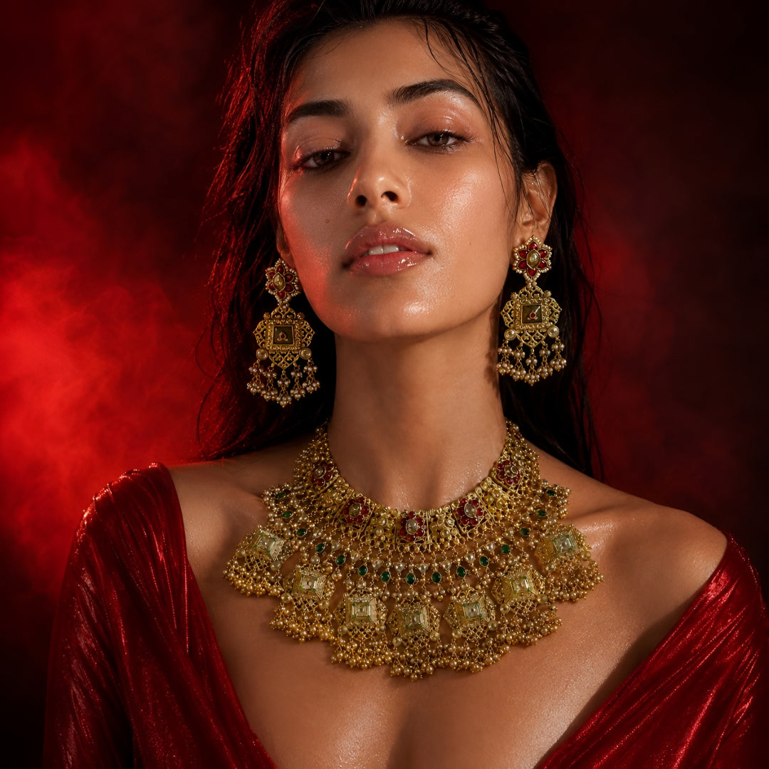 Antique gold filigree bridal choker set with ruby and green stones