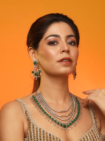Silver-tone multi-layer emerald green necklace set with chandelier earrings, statement bridal jewelry with oval green stones and crystal detailing