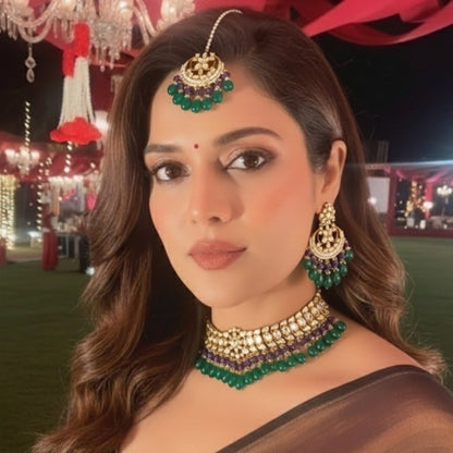 Traditional Kundan Choker Necklace Set with Green & Purple Beads