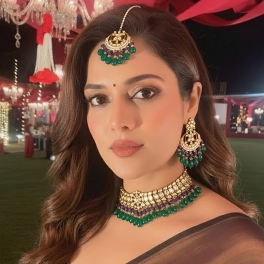 Traditional Kundan Choker Necklace Set with Green & Purple Beads