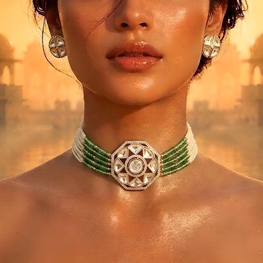 Mint green beaded Kundan choker necklace set featuring a geometric gold-toned centerpiece with matching stud earrings on a white background.