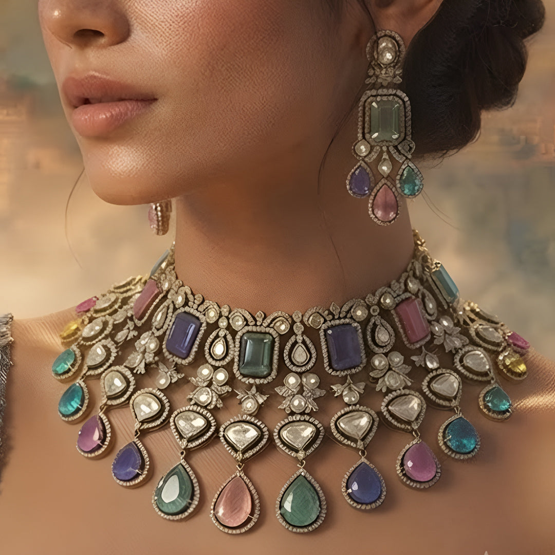 Luxury multicolor Kundan choker necklace set with matching earrings in antique gold finish for bridal, wedding, and festive wear.