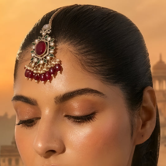 Gold-toned Kundan maang tikka with ruby red oval stone, green enamel detailing, sparkling Kundan stones, and red bead drops for bridal and festive wear.