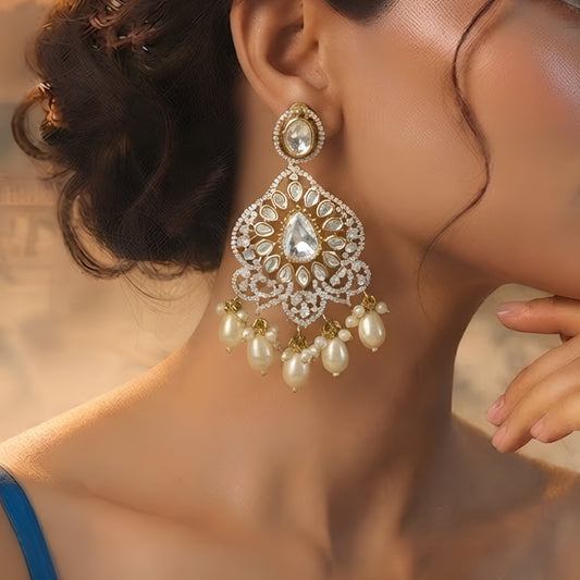 Kundan Pearl Chandbali Earrings for Women | Gold Plated Statement Bridal Earrings with Pearl Drops