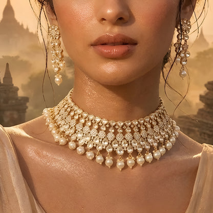 Gold-toned Kundan pearl choker necklace set featuring floral motifs, teardrop stones, pearl danglers, and matching earrings on a white background.
