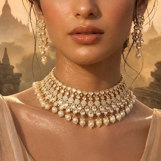 Gold-toned Kundan pearl choker necklace set featuring floral motifs, teardrop stones, pearl danglers, and matching earrings on a white background.
