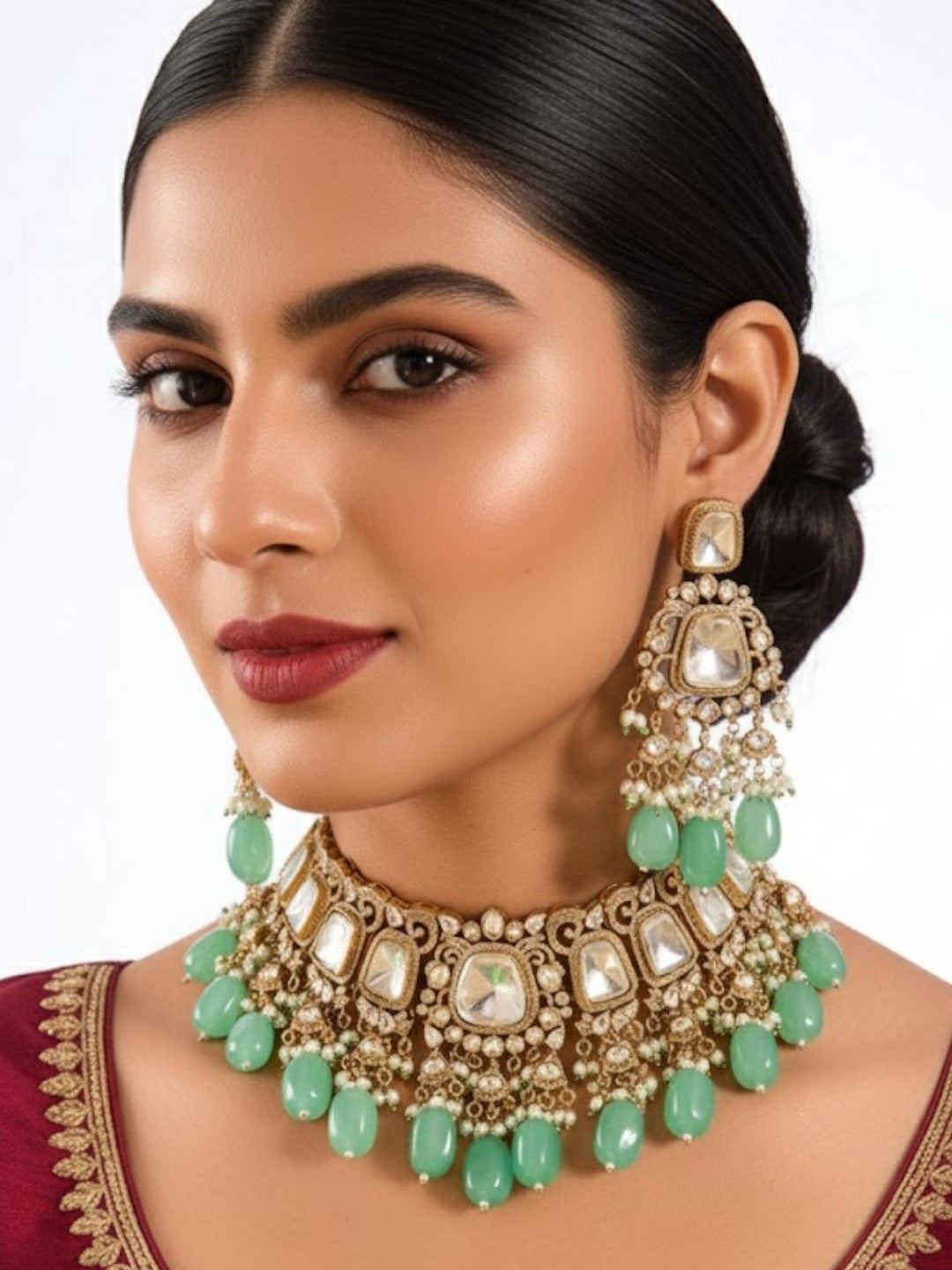 Gold Finish Kundan Polki & Mint Green Beaded Choker Necklace Set