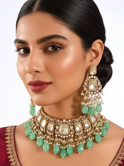 Gold Finish Kundan Polki & Mint Green Beaded Choker Necklace Set