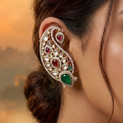 Gold-plated paisley Kundan stud earrings with pink and green stones for women