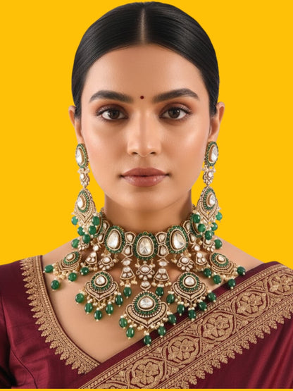 Gold Finish Kundan Polki & Emerald Green Drop Choker Necklace Set