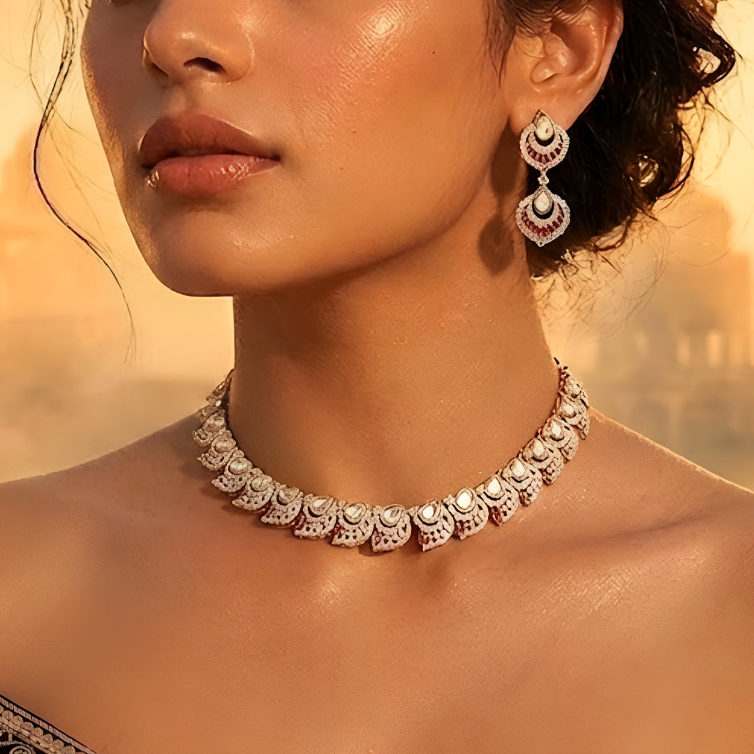 Luxury Pink & White Crystal Statement Necklace Set with Matching Drop Earrings