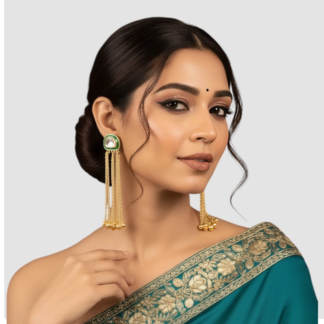 Minimalist Green Kundan Stud with Multi-Chain Golden Dangler Earrings