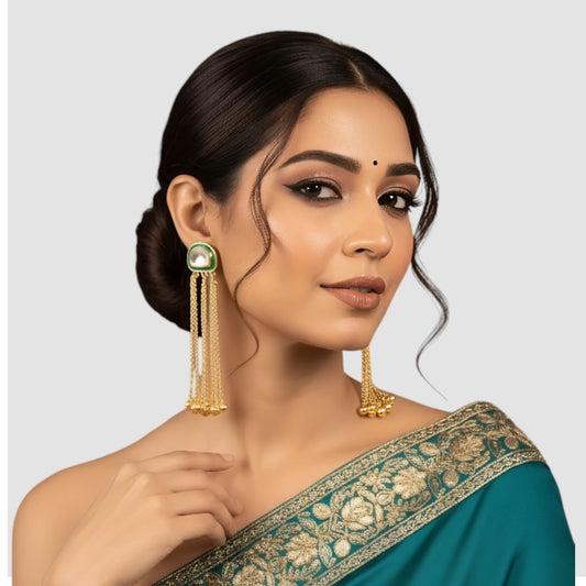 Minimalist Green Kundan Stud with Multi-Chain Golden Dangler Earrings