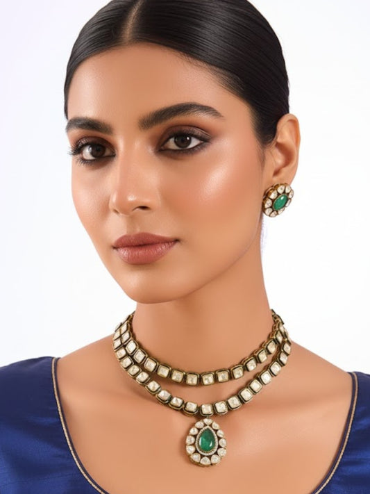 Exquisite Double-Layer Kundan Necklace Set with Emerald Pendant
