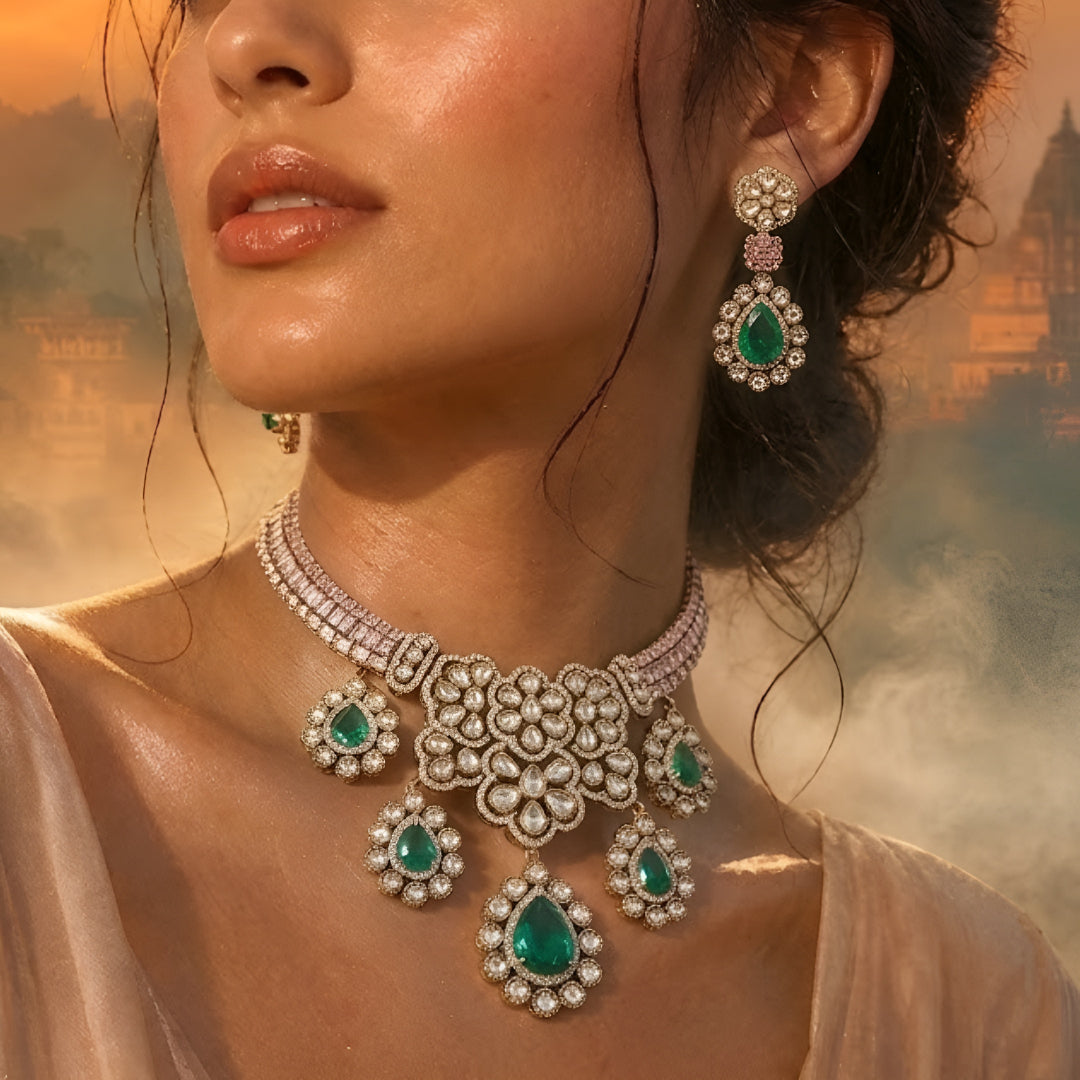 Traditional emerald green kundan choker necklace set with floral motifs and matching drop earrings for bridal and festive wear.
