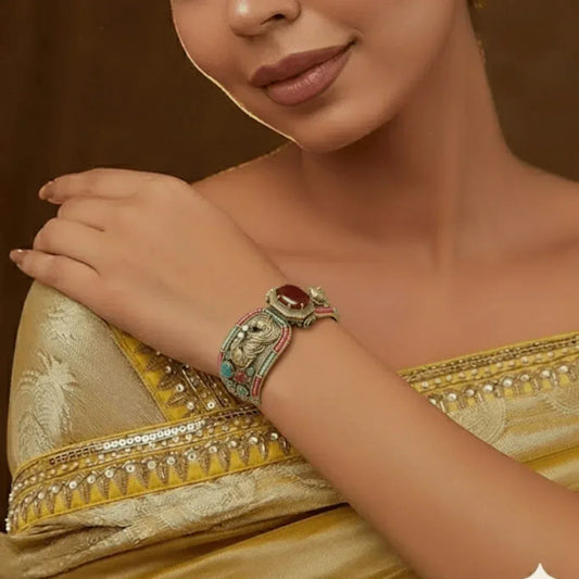 Antique Gold-Plated Lion Motif Multi-Stone Bangle Bracelet with Ruby Center Stone - Auraa Trends