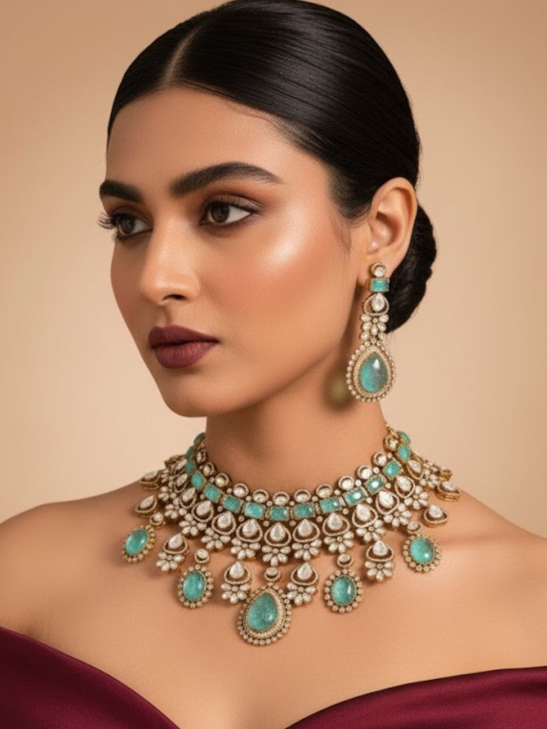 Gold-Finish Kundan Polki Choker Necklace Set with Aqua Blue Beads & Matching Earrings