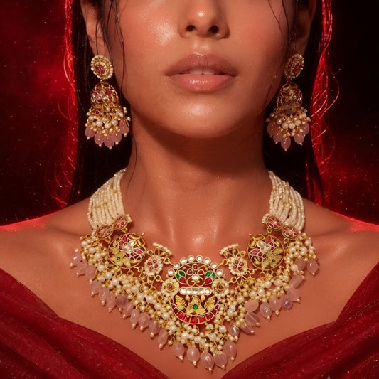 Kundan Bridal Necklace Set with Peach Bead Drops