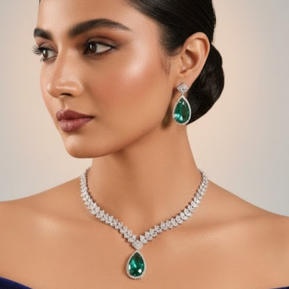 Emerald Teardrop Diamond-Cut Necklace Set in Silver Finish