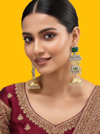 Temple-Inspired Dual Plated Long Jhumka Earrings with Green Stone & Pearl Beads