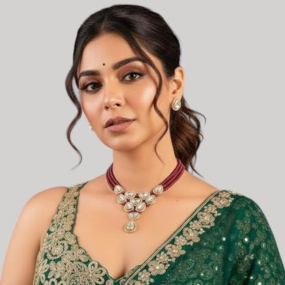 Ruby Beaded Necklace Set with Kundan Teardrop Pendant