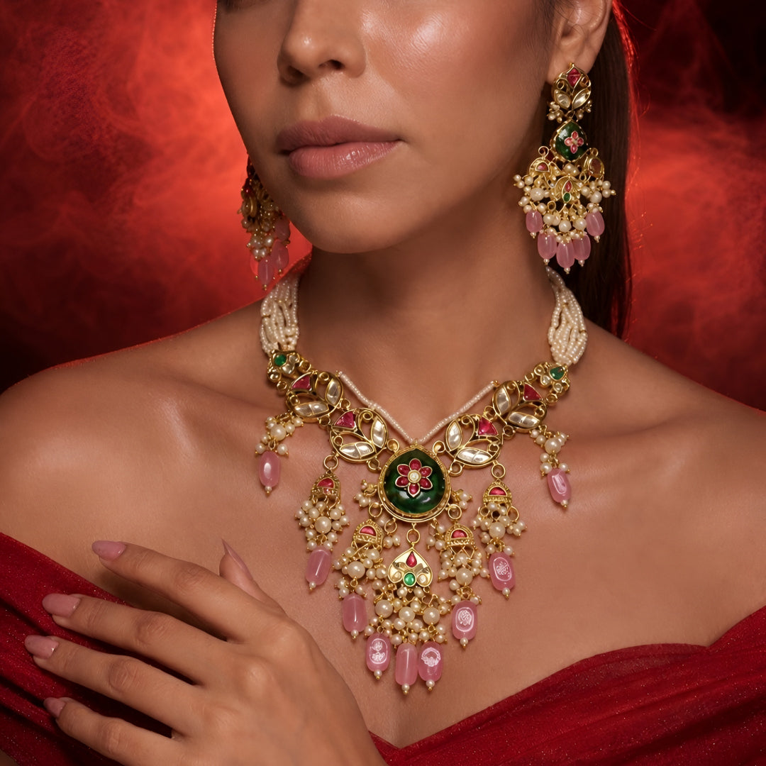 "Antique gold floral meenakari necklace with matching chandbali earrings"