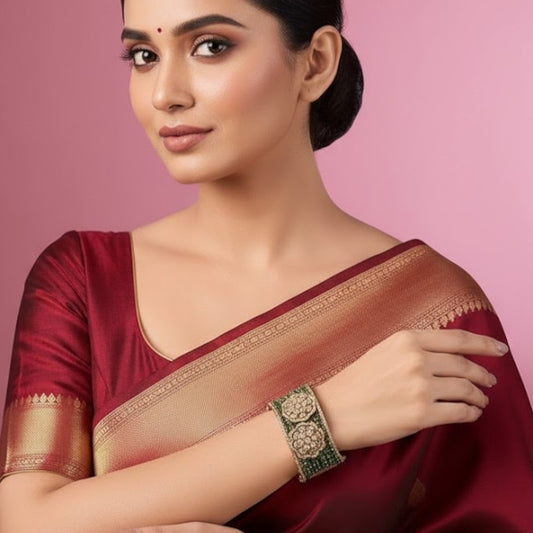 Gold-Plated Green Kundan Kada Bangle with Floral Design for Women