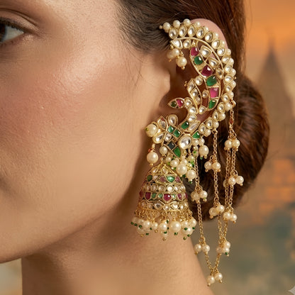 Designer Kundan Ear Cuff Jhumka Earrings with Pearl Chains | Bridal Statement Earrings