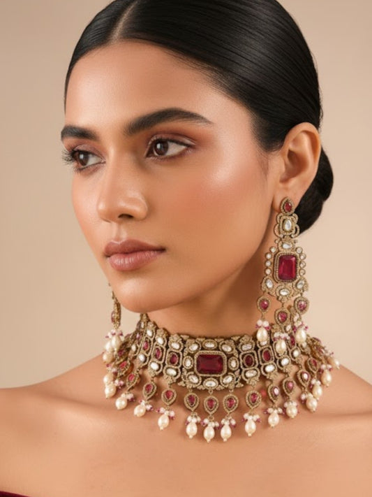 Red Kundan Pearl Choker Necklace Set with Earrings for Bridal and Traditional Wear