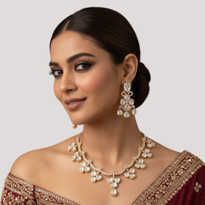"Gold-plated Kundan necklace and earrings set for women with tear-drop stones"