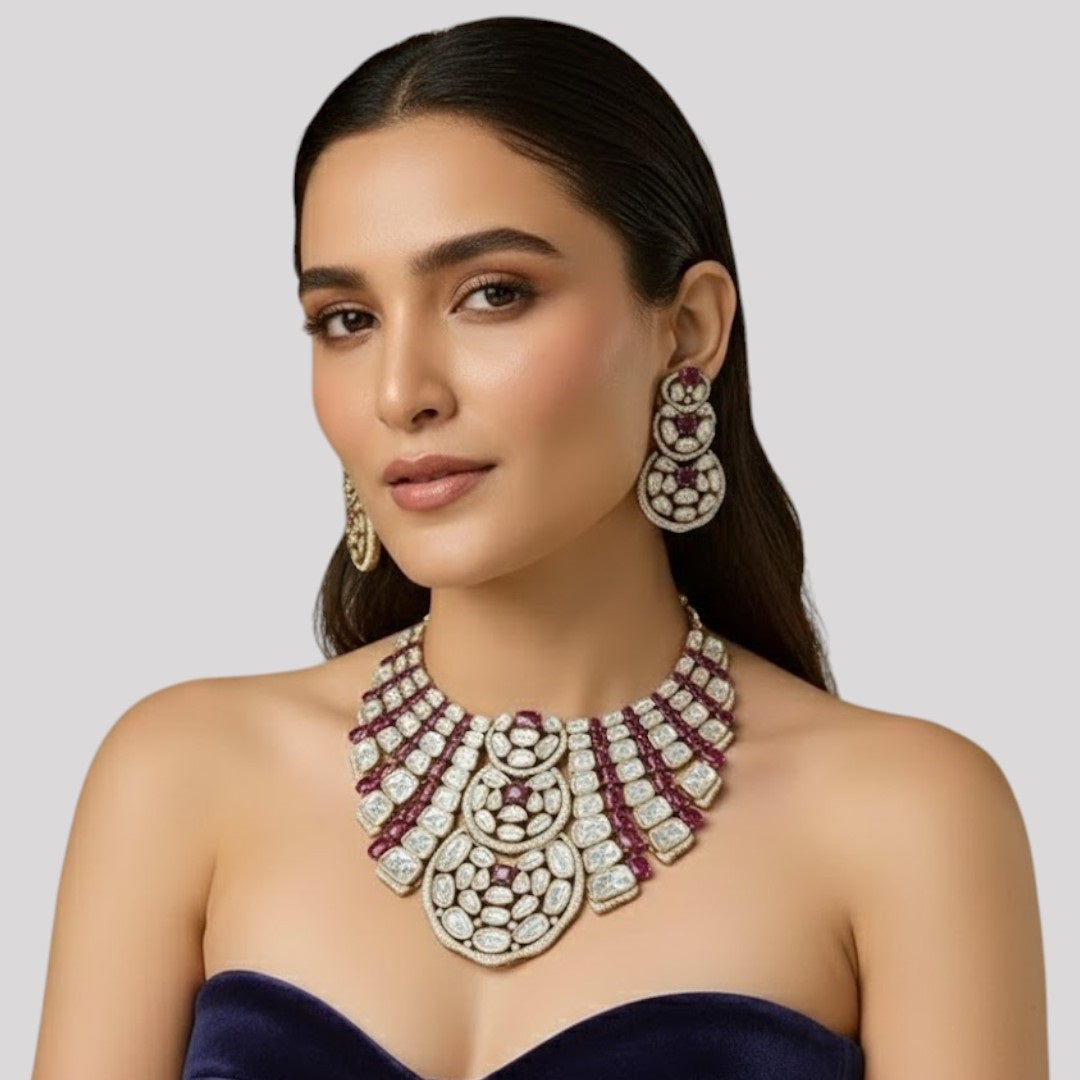 “Bridal Kundan choker necklace set with Polki stones and ruby red gems, matching earrings”